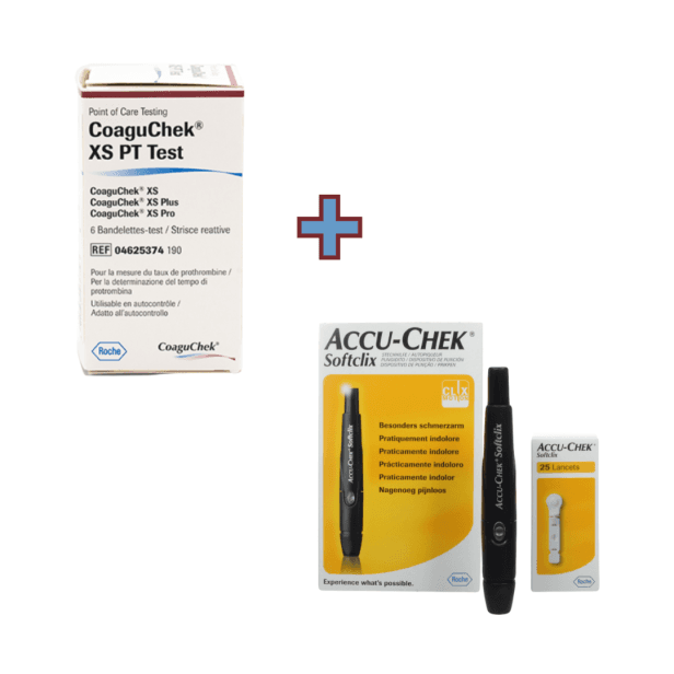 1 cx com 6 tiras Coaguchek + Kit Softclix