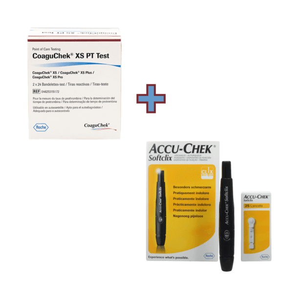 1 cx com 48 tiras Coaguchek + Kit Softclix